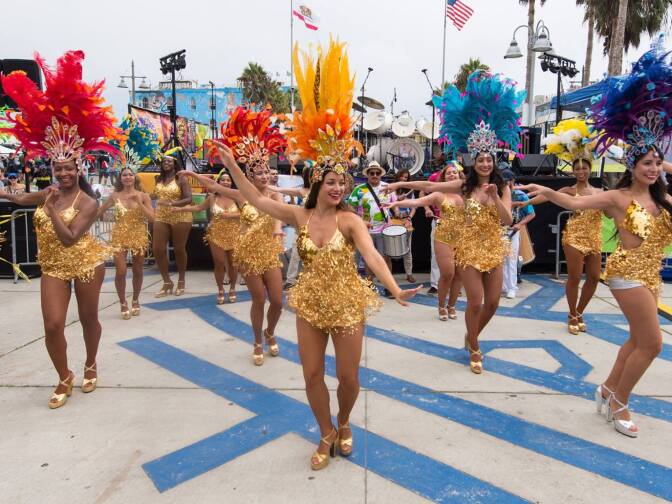 Samba Soul performs at the Venice Spring Fling festival in Los Angeles, California.