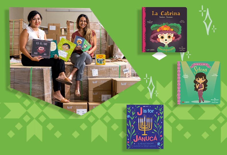 Two women with medium-light skin tones sit on a pile of shipping boxes marked Lil Libros holding colorful picture books. There is also three books to the right site of that image. From top to bottom their covers show a skull with a large hat decorated in flowers, a medium-light skin tone woman holding a microphone in a purple jumpsuit and a menorah.
