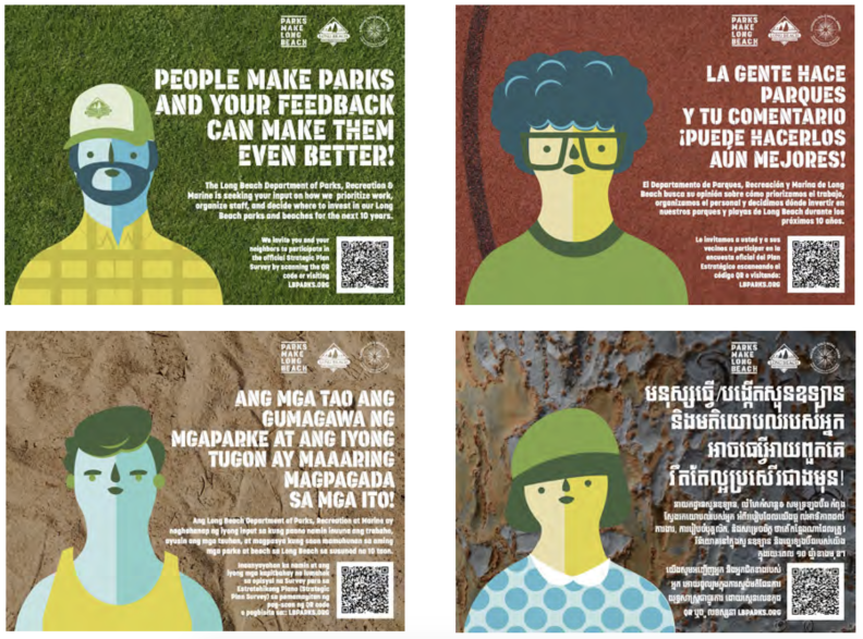 Drawings of people on posters soliciting input on Long Beach parks plan