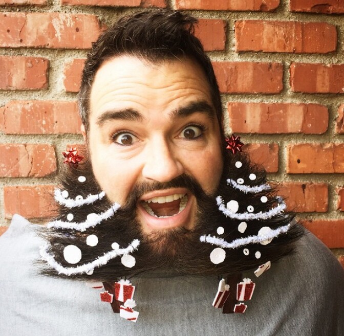 Dean Banowetz, known as the Hollywood Hair Guy, shows off his Christmas tree-themed beard.