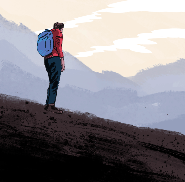 A person wearing a backpack stands on a hill as the ground in front thrusts upward.