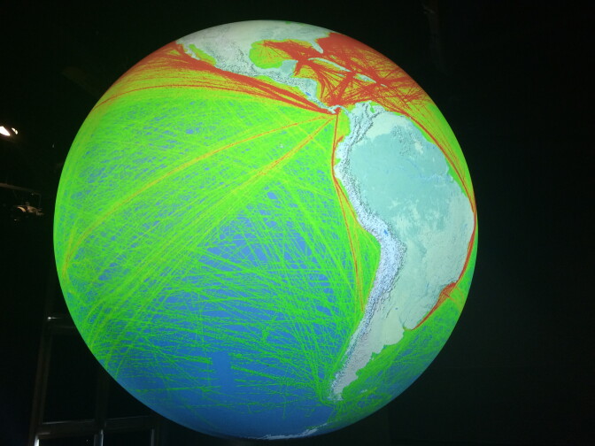 An exhibit at the Aquarium of the Pacific in Long Beach shows 11 percent of global shipping traffic that occurred from October 1, 2004 - October 1, 2005. Higher trafficked routes are shown in red. 