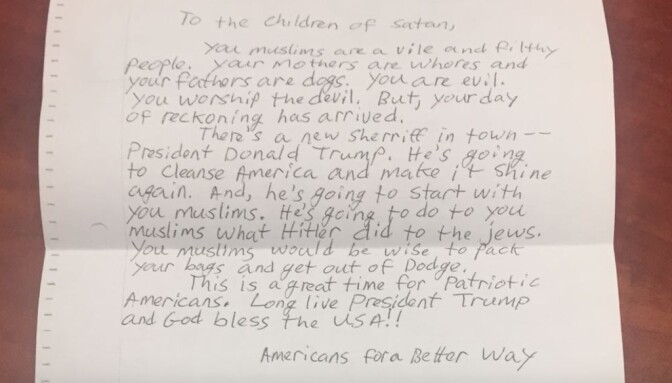 File: A photo of a letter received in recent days by the Islamic Center of Southern California. The Koreatown mosque was one of several in Southern California that received similar letters.