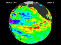 An image from the Jet Propulsion Laboratory shows a pair of warmer Kelvin waves heading towards the South American coast.