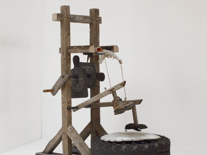 “This is inspired by a Leonardo da Vinci device known as the martello a camme, a mechanized hammering machine. I substituted the hammer with a shoe and a glove found at the border," said composer Galindo. 