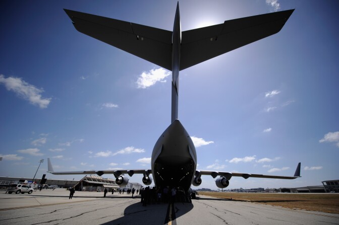 The first of six C-17 Globemaster III airlifters built for the United Arab Emirates Air Force and Air Defence is prepared before taking off from Long Beach Airport on May 10, 2011. Boeing announced yesterday that it will end production of the C-17 Globemaster III cargo jets and close the final assembly facility in Long Beach in 2015. 