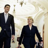 WASHINGTON, DC - DECEMBER 10:  House Budget Committee Chairman Paul Ryan (R-WI) and Senate Budget Committee Chairman Patty Murray (D-WA) walk past the Senate chamber on their way to a press conference to announce a bipartisan budget deal, the Bipartisan Budget Act of 2013, at the U.S. Capitol on December 10, 2013 in Washington, DC. The $85 billion agreement would set new spending levels for the next two years and create $63 billion in so-called 'sequester relief.'  (Photo by T.J. Kirkpatrick/Getty Images)