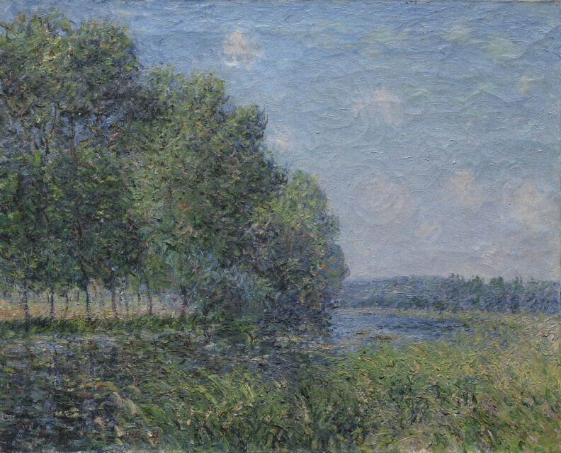 An impressionist painting featuring a pastoral landscape, with strong brushstrokes and a light blue sky.