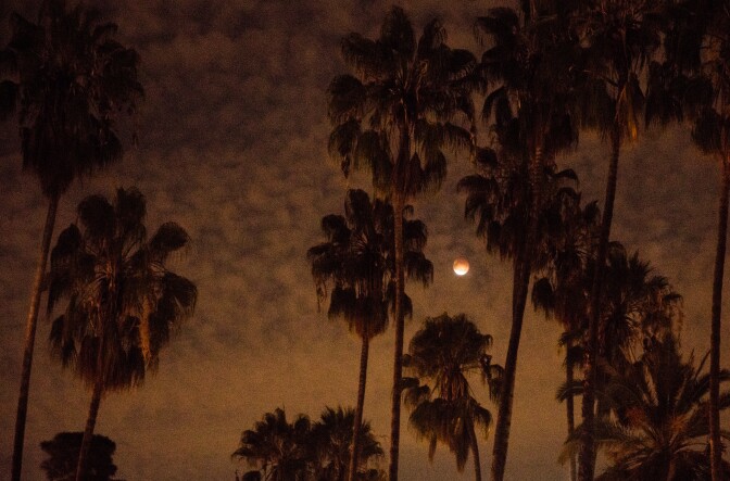 LOS ANGELES, CA - SEPTEMBER 27: An eclipsed supermoon is shown on September 27, 2015 in Los Angeles, California. A supermoon occurs when a full moon coincides with its perigee, which is its closest approach to the Earth. A total lunar eclipse and a supermoon won't occur together again until 2033. (Photo by Christopher Polk/Getty Images)