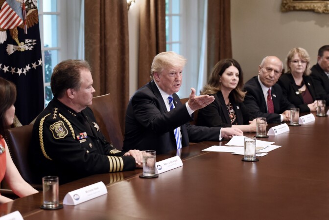 WASHINGTON, DC - MAY 16: (AFP-OUT) U.S. President Donald Trump speaks during a meeting with California leaders and public officials who oppose California's sanctuary policies in the Cabinet Room of the White House May 16, 2018 in Washington, DC. (Photo by Olivier Douliery-Pool/Getty Images)