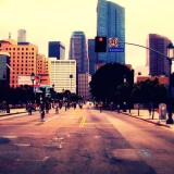 Bicyclists riding near Downtown Los Angeles as part of CicLAvia