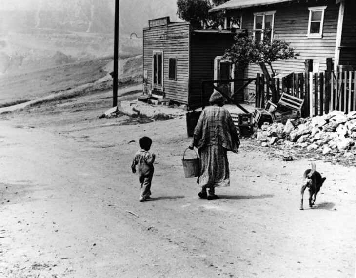 A person in a long dress carries a pail as a small child and dog walk nearby on a dirt road