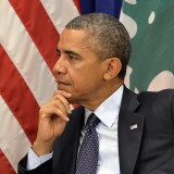 President Barack Obama listens to President Michel Sleiman of Lebanon speaking to the media before a bilateral meeting on the sideline of the 68th United Nations General Assembly at the UN in New York on September 24, 2013. At the assembly, Obama talked about the importance of engaging diplomatically with Iran.