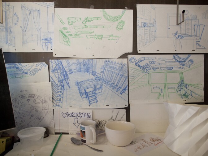 Sketches of various scenes on the wall of an animators cubicle at The Simpsons studio in Burbank.