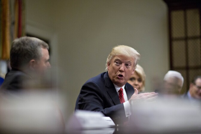 WASHINGTON, DC - FEBRUARY 7:  (AFP OUT) U.S. President Donald Trump speaks as he meets with county sheriffs during a listening session in the Roosevelt Room of the White House on February 7, 2017 in Washington, DC. The Trump administration will return to court Tuesday to argue it has broad authority over national security and to demand reinstatement of a travel ban on seven Muslim-majority countries that stranded refugees and triggered protests. (Photo by Andrew Harrer - Pool/Getty Images)