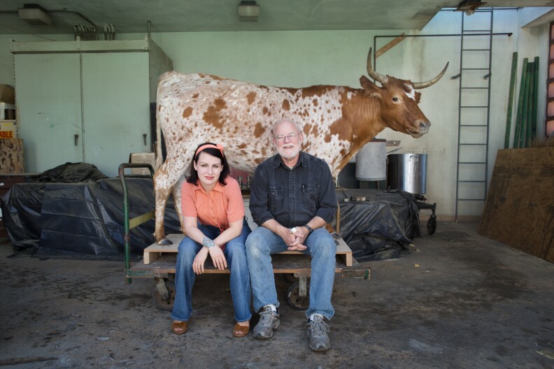 Allis Markham and Tim Bovard are staff taxidermists at The Natural History Museum in Los Angeles. Bovard made the Corriente cattle in the background for the upcoming Becoming L.A. exhibit that will open in July, 2013.