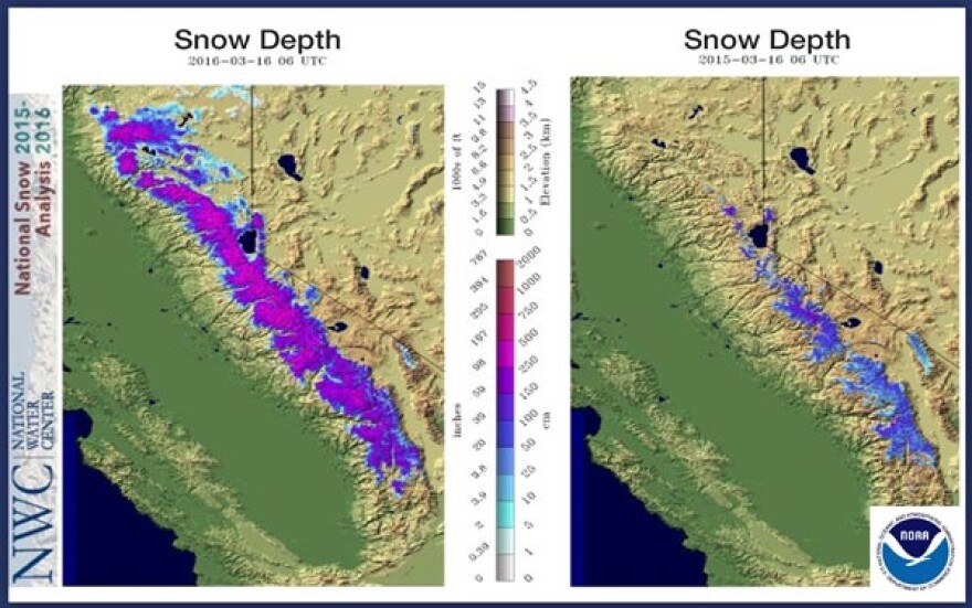 California snow depth on March 16, 2016 (left) and March 16, 2015 (right).