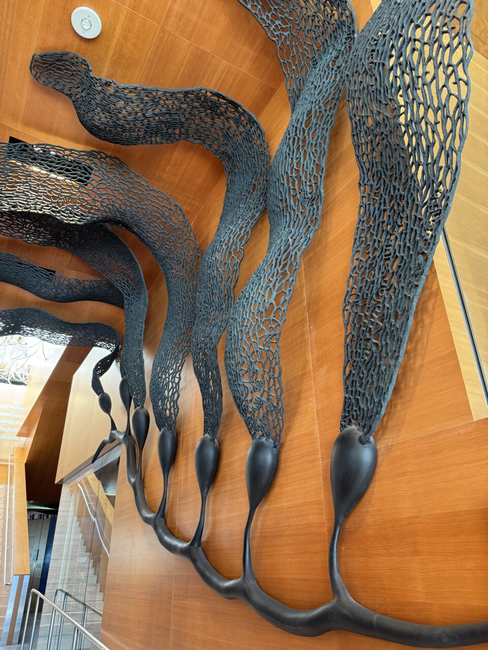 An intricate sculptural installation displayed on a polished wooden surface, likely inside a modern building. The sculpture consists of multiple elongated, organic forms arranged in a flowing, wave-like pattern across the surface.