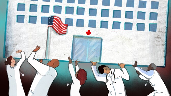 An illustration of doctors in white coats holding up a hospital building with multiple windows, red plus sign, and an American flag.