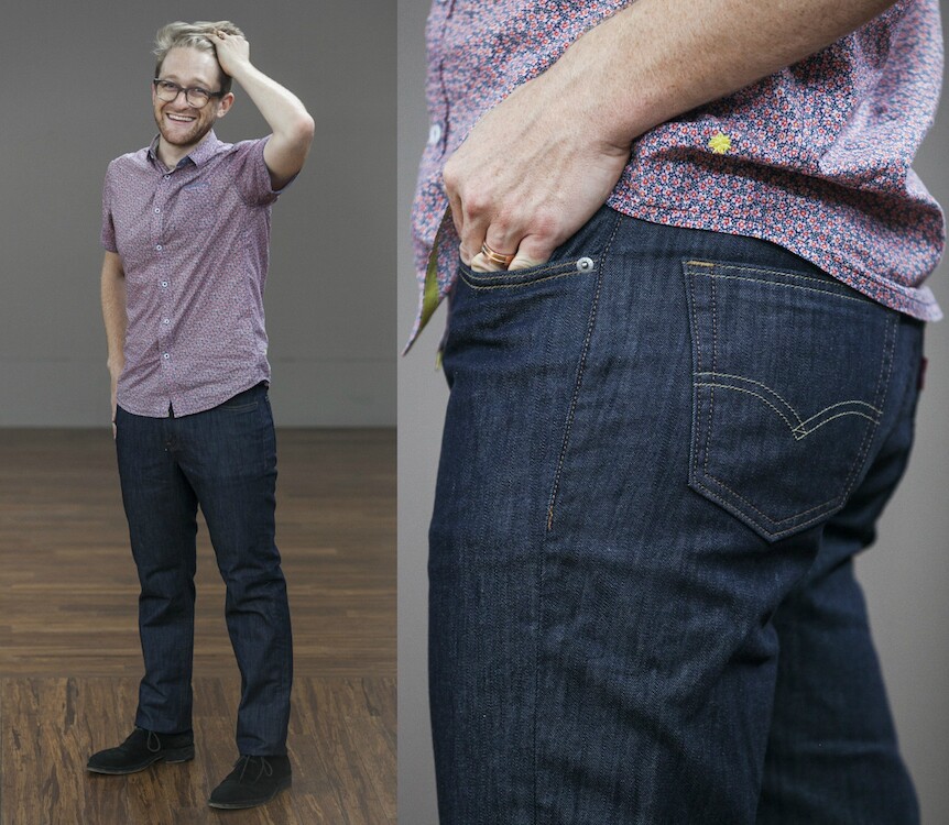 Jacob Margolis wears biking jeans made by Levi's.