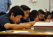 Students at Leland Street Elementary School in Los Angeles' San Pedro neighborhood work on a writing assignment on Aug. 21, 2017.