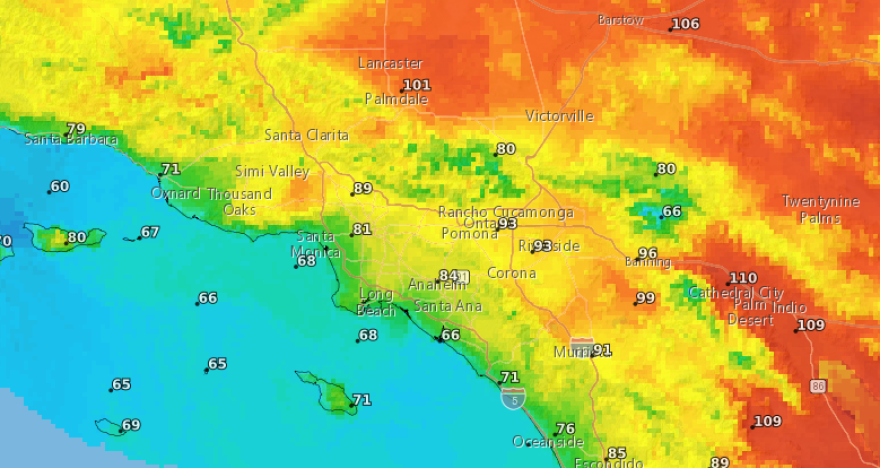 A heat map of today's weather in Southern California is displayed in green, yellow, and red.