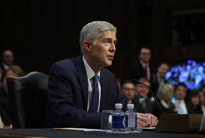 WASHINGTON, DC - MARCH 20:  Judge Neil Gorsuch speaks during the first day of his Supreme Court confirmation hearing before the Senate Judiciary Committee in the Hart Senate Office Building on Capitol Hill March 20, 2017 in Washington, DC. Gorsuch was nominated by President Donald Trump to fill the vacancy left on the court by the February 2016 death of Associate Justice Antonin Scalia.  (Photo by Justin Sullivan/Getty Images)