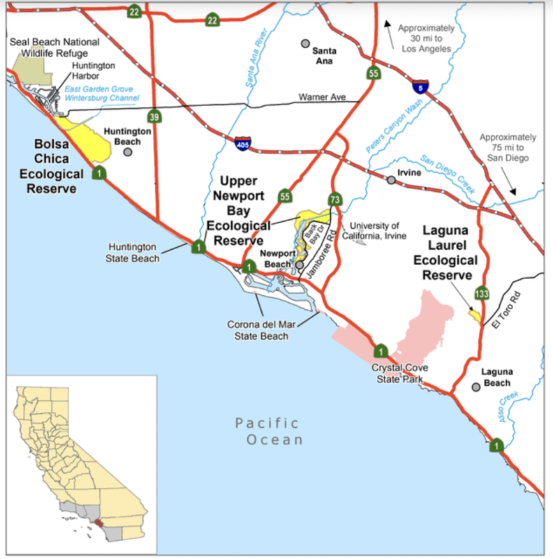 A map shows the location of the Bolsa Chica Ecological Preserve, the Upper Newport Bay Ecological Reserve and the Laguna Laurel Ecological Reserve along the Southern California coast.