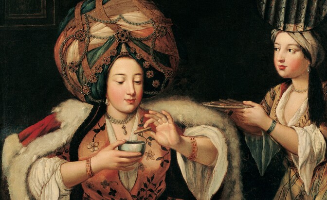 A painting depicts a royal figure enjoying a cup of coffee with a cookie. A servant to their left offers more. 