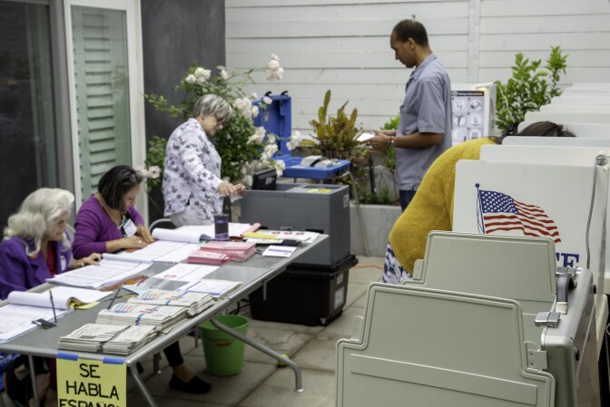 Voters in Beachwood Canyon, a Hollywood Hills neighborhood in Los Angeles, cast their ballots in the California primary election on Tuesday, June 5, 2018.