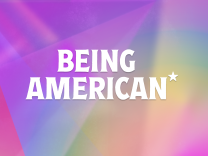 An illustration of the Being American logotype overlayed on a quartz crystals shimmering with a range of colors.