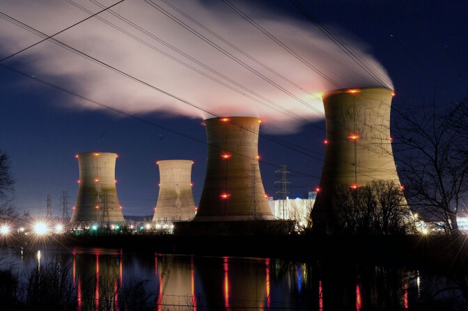 MIDDLETOWN, PA - MARCH 28: The Three Mile Island Nuclear Plant is seen in the early morning hours March 28, 2011 in Middletown, Pennsylvania. Demonstrators gathered at the 32nd annual vigil in remembrance of the disaster at the Three Mile Island Nuclear Plant, to remember the accident, in which Unit #1's core melted down on March 28, 1979. This year's vigil was dedicated to the victims of the earthquake and tsunami in Japan. (Photo Jeff Fusco/Getty Images)
