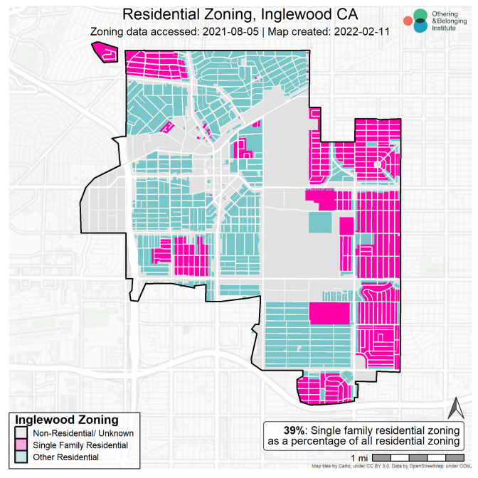 A deep pink dominates the east side of Inglewood denoting single family zoning, the west side is predominantly other residential zoning.