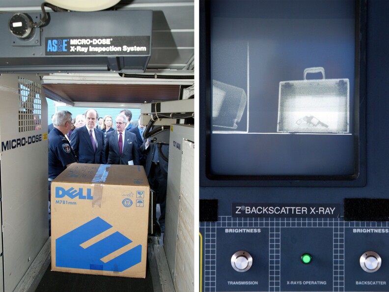 A large Dell computer box goes through a scanner on left and at right a gun is visible in a suitcase on a scanner.