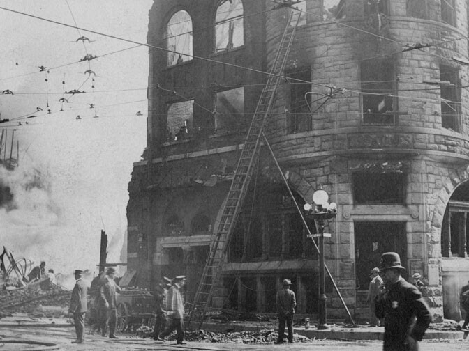Postcard view of the 1910 bombing of the L.A. Times building in downtown L.A.