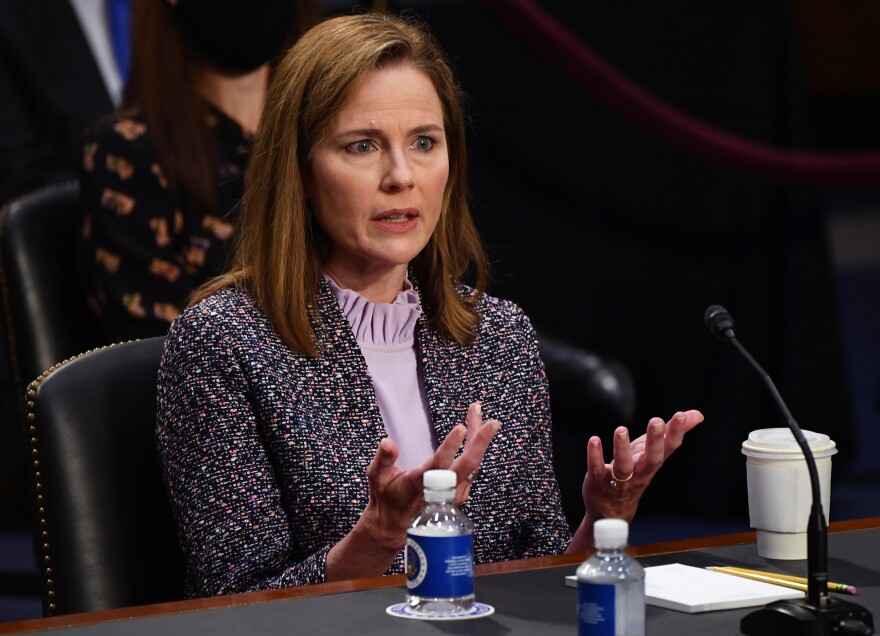 WASHINGTON, DC - OCTOBER 14: Supreme Court nominee Amy Coney Barrett appears before the Senate Judiciary Committee on day three of her confirmation hearings to become an Associate Justice of the U.S. Supreme Court on Capitol Hill on October 14, 2020 in Washington, DC. Barrett was nominated by President Donald Trump to fill the vacancy left by Justice Ruth Bader Ginsburg who passed away in September. (Kevin Dietsch-Pool/Getty Images)