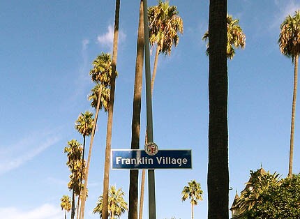 A street sign with Franklin Village against a backdrop of palm trees