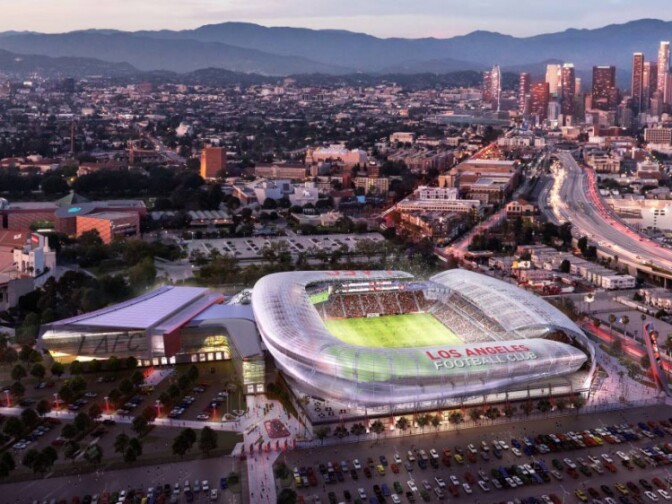 Artist rendering showing aerial view of Los Angeles Football Club stadium on site of the former Los Angeles Sports Arena.