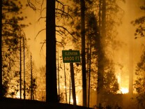 The Rim Fire burns near Yosemite National Park, Calif., on Saturday, Aug. 24, 2013. Fire crews are clearing brush and setting sprinklers to protect two groves of giant sequoias as a massive week-old wildfire rages along the remote northwest edge of Yosemite National Park. 