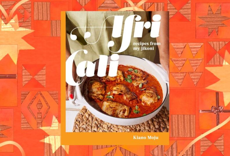 The front cover of a book which says Afri Cali in white; behind it there is a white ceramic bowl with a soup or stew inside it, with a red liquid and succulent pieces of meat scattered throughout.