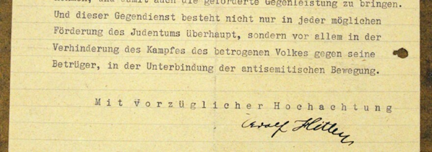 A detail of a letter written by Adolf Hitler is photographed, Tuesday, June 7, 2011 in New York. In 1919, decades before the Holocaust, the 30-year-old German soldier — born in Austria — penned what are believed to be Hitler's first written comments calling for the annihilation of Jews.