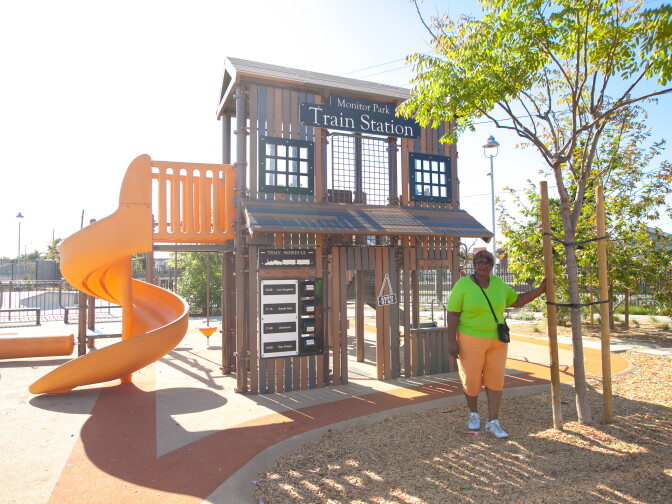 Lottie Cleveland stops at the newly completed Serenity Park in Watts on Monday, April 6, 2015.