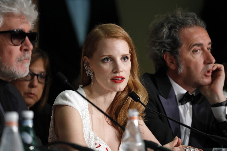 CANNES, FRANCE - MAY 28: President of the jury Pedro Almodovar and jury members Jessica Chastain and Paolo Sorrentino attends the Palme D'Or winner press conference during the 70th annual Cannes Film Festival at Palais des Festivals on May 28, 2017 in Cannes, France.  (Photo by Andreas Rentz/Getty Images)