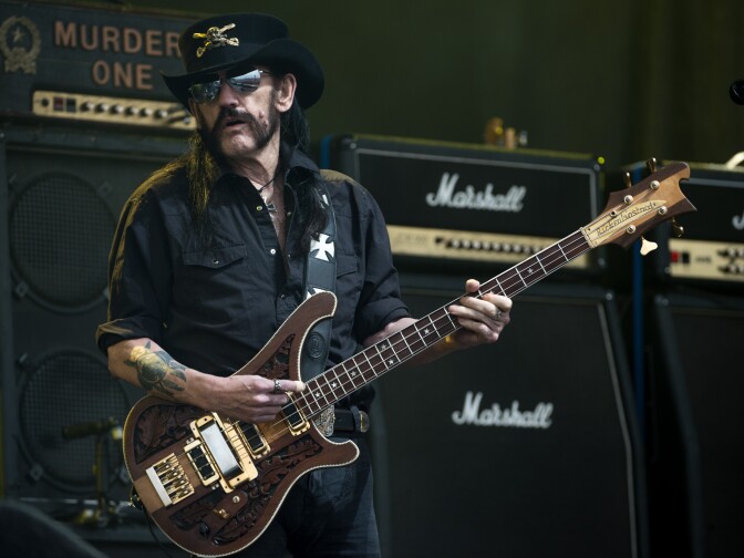 Lemmy from Motörhead performs on The Pyramid Stage during the Glastonbury Festival at Worthy Farm, Pilton on June 26, 2015 in Glastonbury, England.