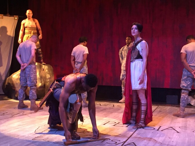 Athena and Odysseus discuss what should happen to Ajax, in the play "Ajax In Iraq."
