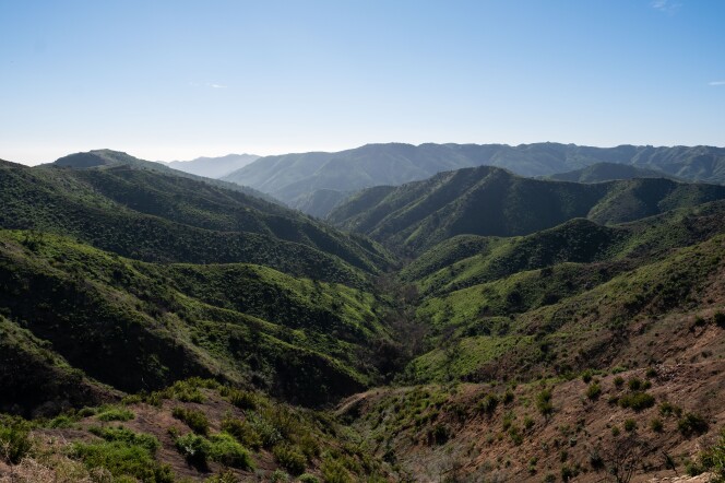 A mountain range that's green under a blue sky.