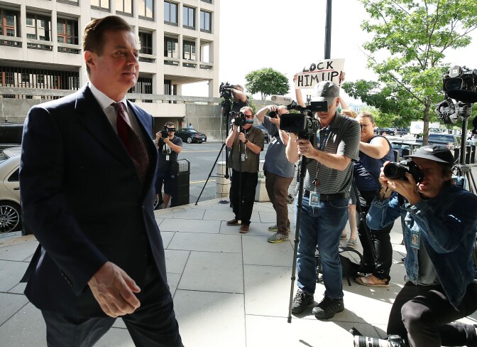 WASHINGTON, DC - JUNE 15:  Former Trump campaign manager Paul Manafort arrives at the E. Barrett Prettyman U.S. Courthouse for a hearing on June 15, 2018 in Washington, DC. Today a federal judge could rule on whether to revoke Manafort's bail due to alleged witness tampering. Manafort was indicted last year by a federal grand jury and has pleaded not guilty to all charges against him including, conspiracy against the United States, conspiracy to launder money, and being an unregistered agent of a foreign principal.  (Photo by Mark Wilson/Getty Images)