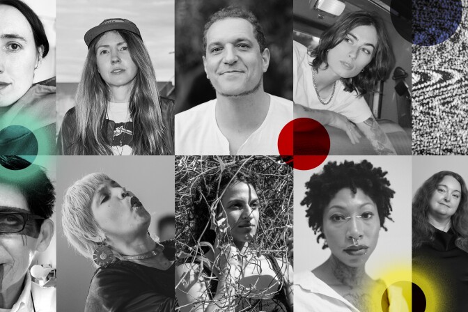 A black and white composite of 10 musician headshots. There are three circles overlayed across the composite. On the far left is a circle with a green aura. On the middle right is a red circle. And on the bottom right is a circle with a yellow aura.