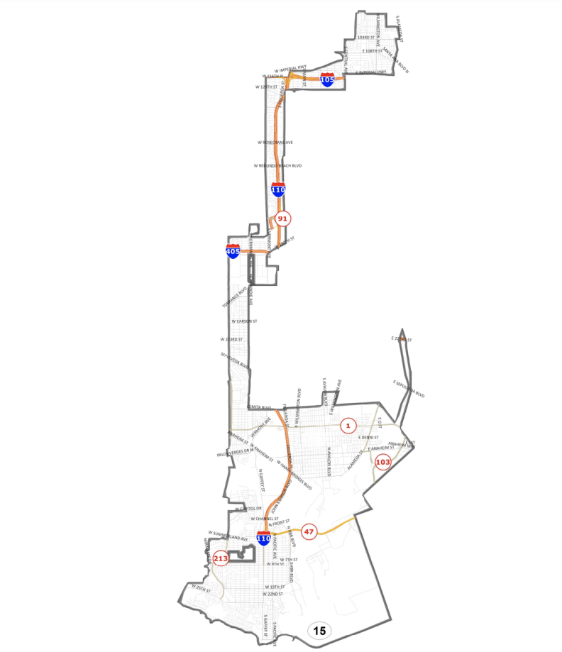 Map shows boundaries of District 15 which includes all or part of the following neighborhoods: Watts, San Pedro, Harbor Gateway, Harbor City, Wilmington.