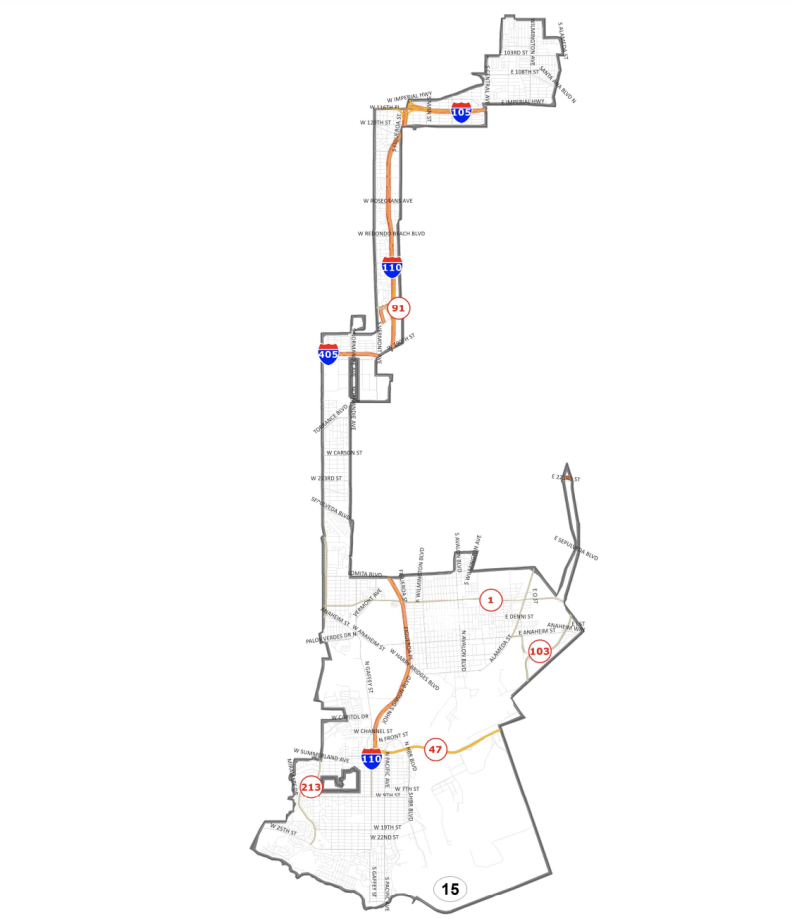 Map shows boundaries of District 15 which includes all or part of the following neighborhoods: Watts, San Pedro, Harbor Gateway, Harbor City, Wilmington. 